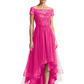 Formal High-Low Mother of the Bride Gown Short Sleeve Lace Maxi Dress with Tiered Skirt