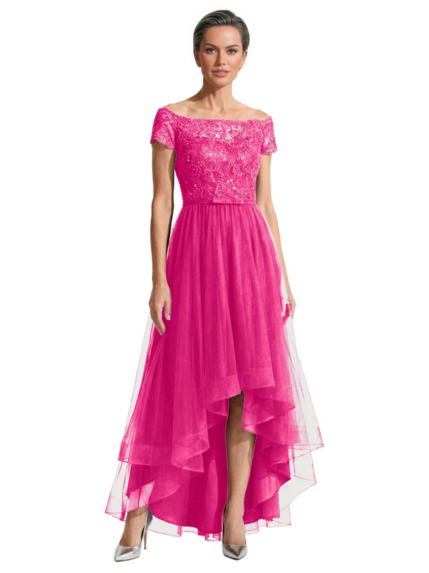 Formal High-Low Mother of the Bride Gown Short Sleeve Lace Maxi Dress with Tiered Skirt