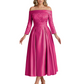Off Shoulder Mother of the Bride Dress Tea-Length Satin Gown with Lace Applique