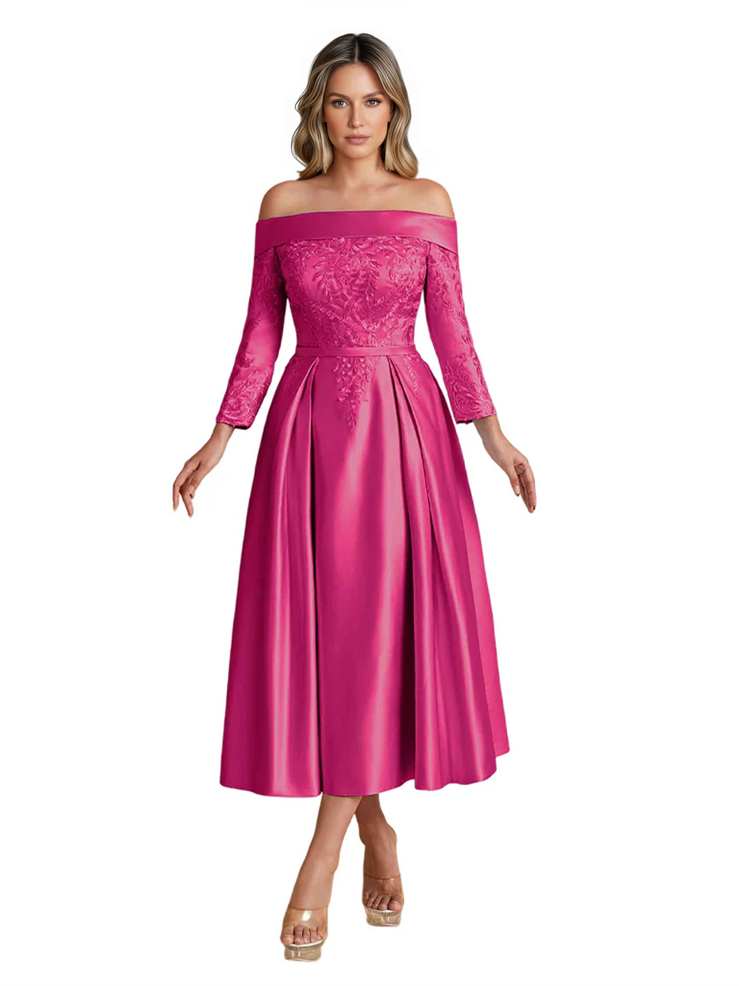 Off Shoulder Mother of the Bride Dress Tea-Length Satin Gown with Lace Applique