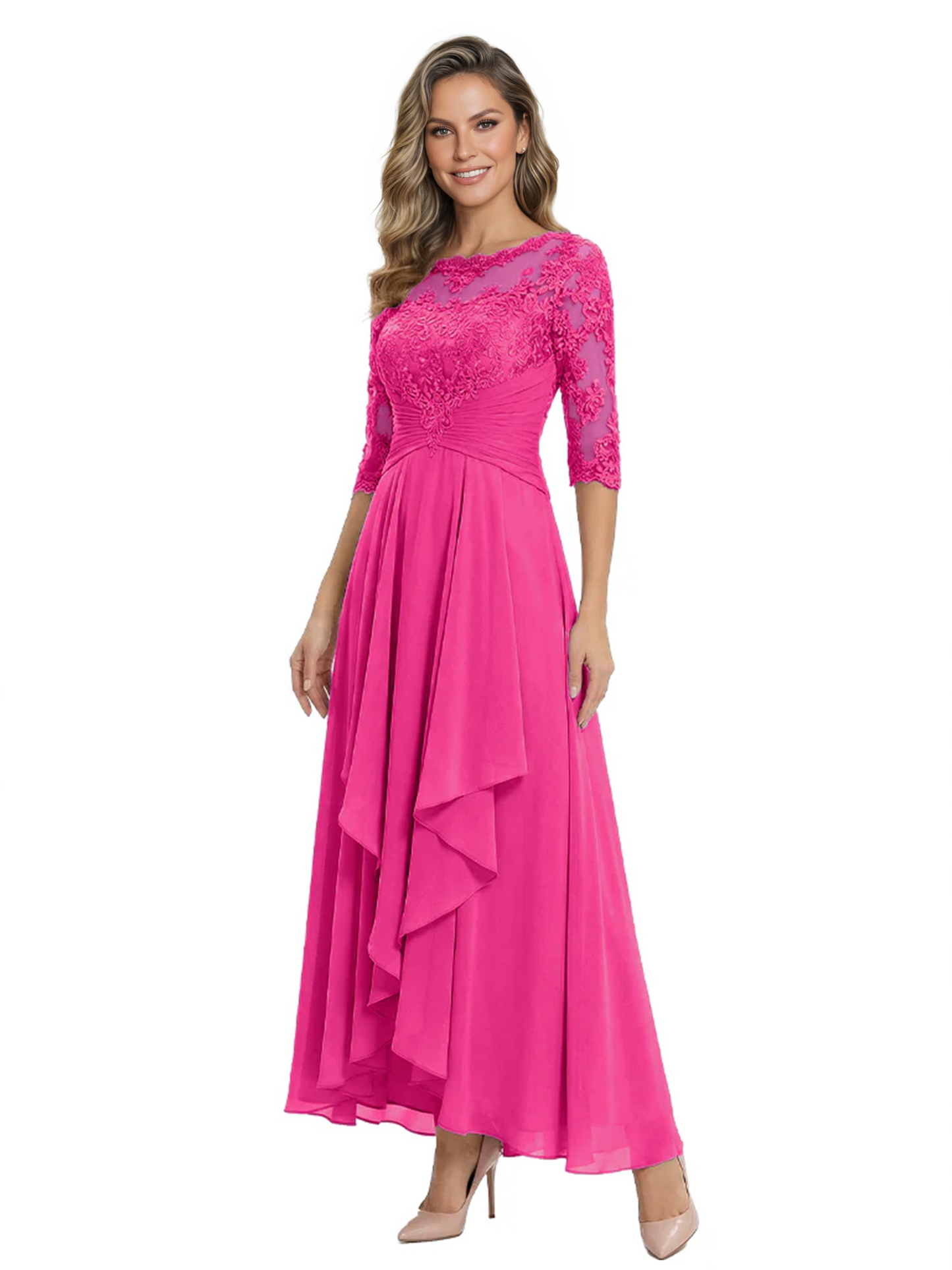 3/4 Sleeve Mother of the Bride Dress with Lace Embroidery High-Low Hem 2026