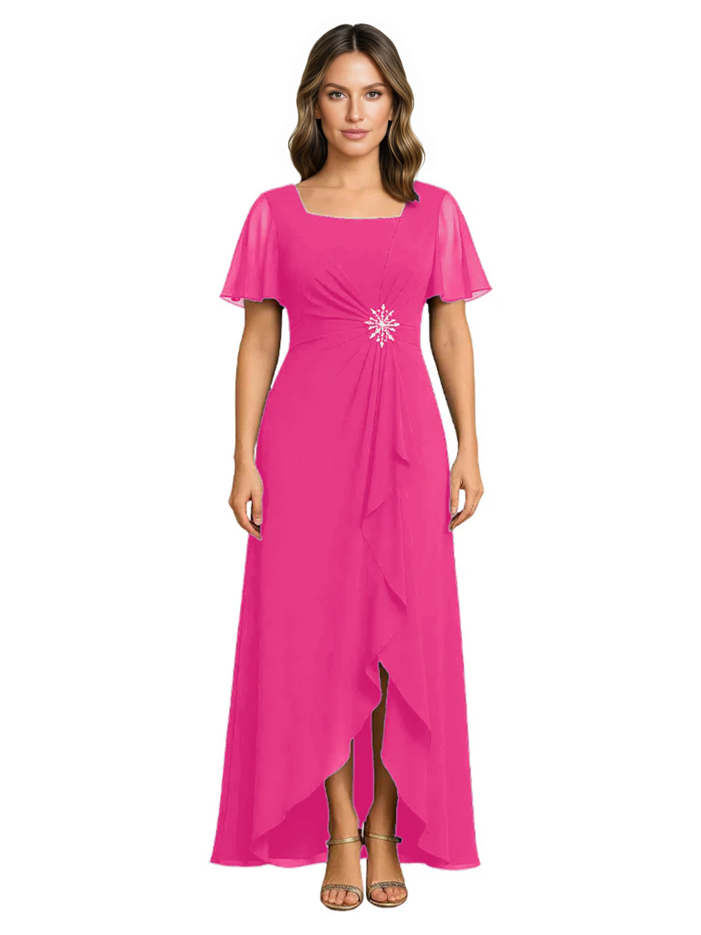 Formal High-Low Mother of the Bride Gown Sleeved Chiffon Maxi Dress Ruched Waist