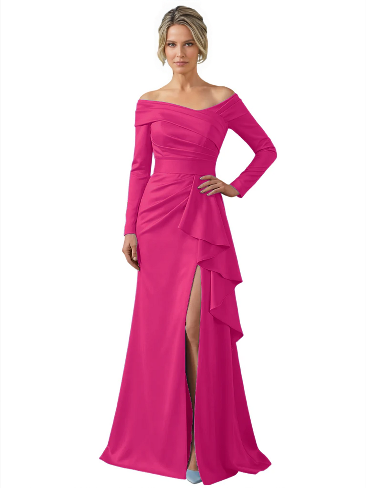 Elegant Mother of the Groom Dress Cascading Ruffle Satin Gown with High Slit Long Sleeves