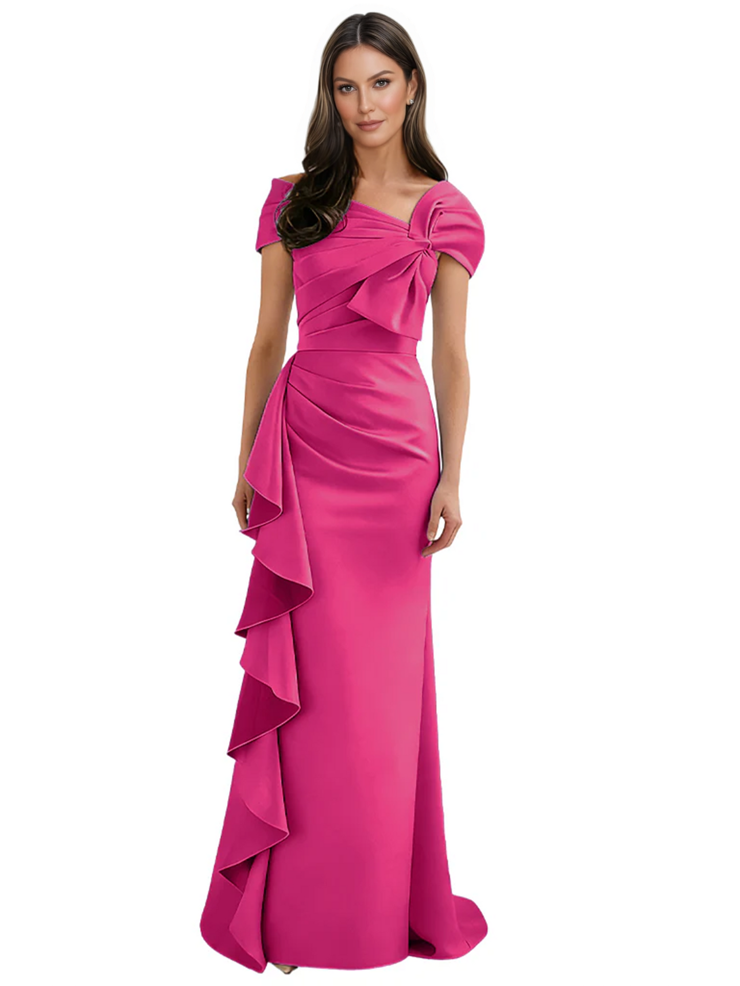 Elegant Mother of Bride Dress Formal Gowns Mermaid Ruffle Floor Length Asymmetric Neckline