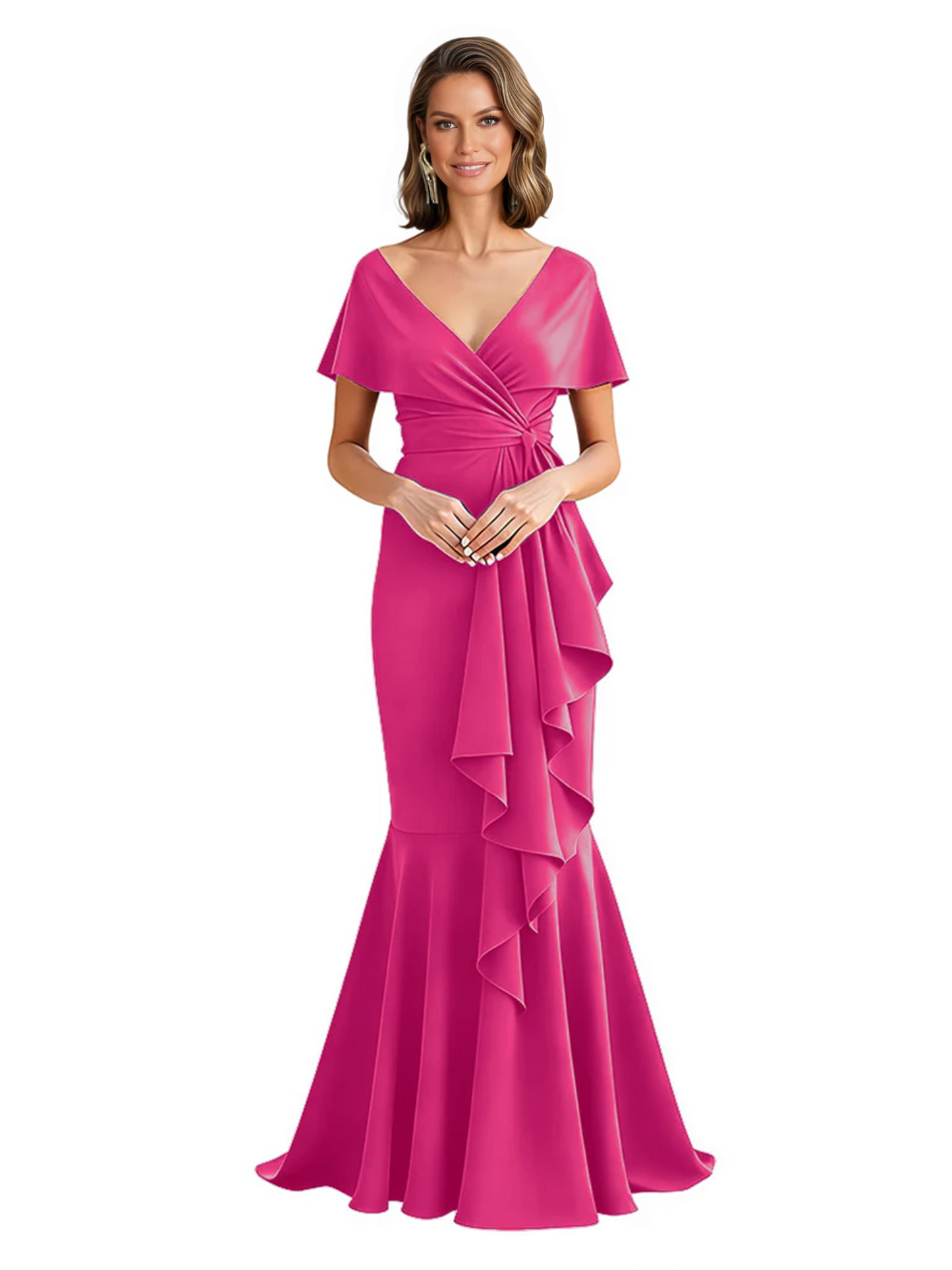 Satin Mother of the Bride Dress with Cascading Ruffles and Mermaid Tail V-Neck