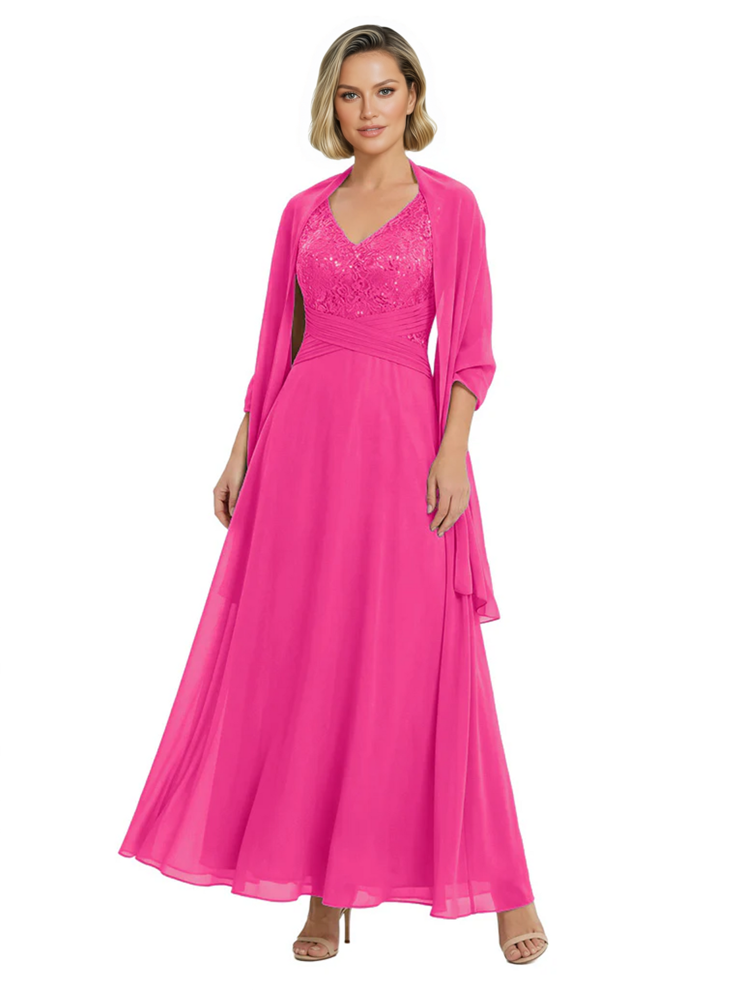 Luxury Formal Mother of Bride Dress Sparkling Sequin Top & Flowy Chiffon Skirt with Shawl