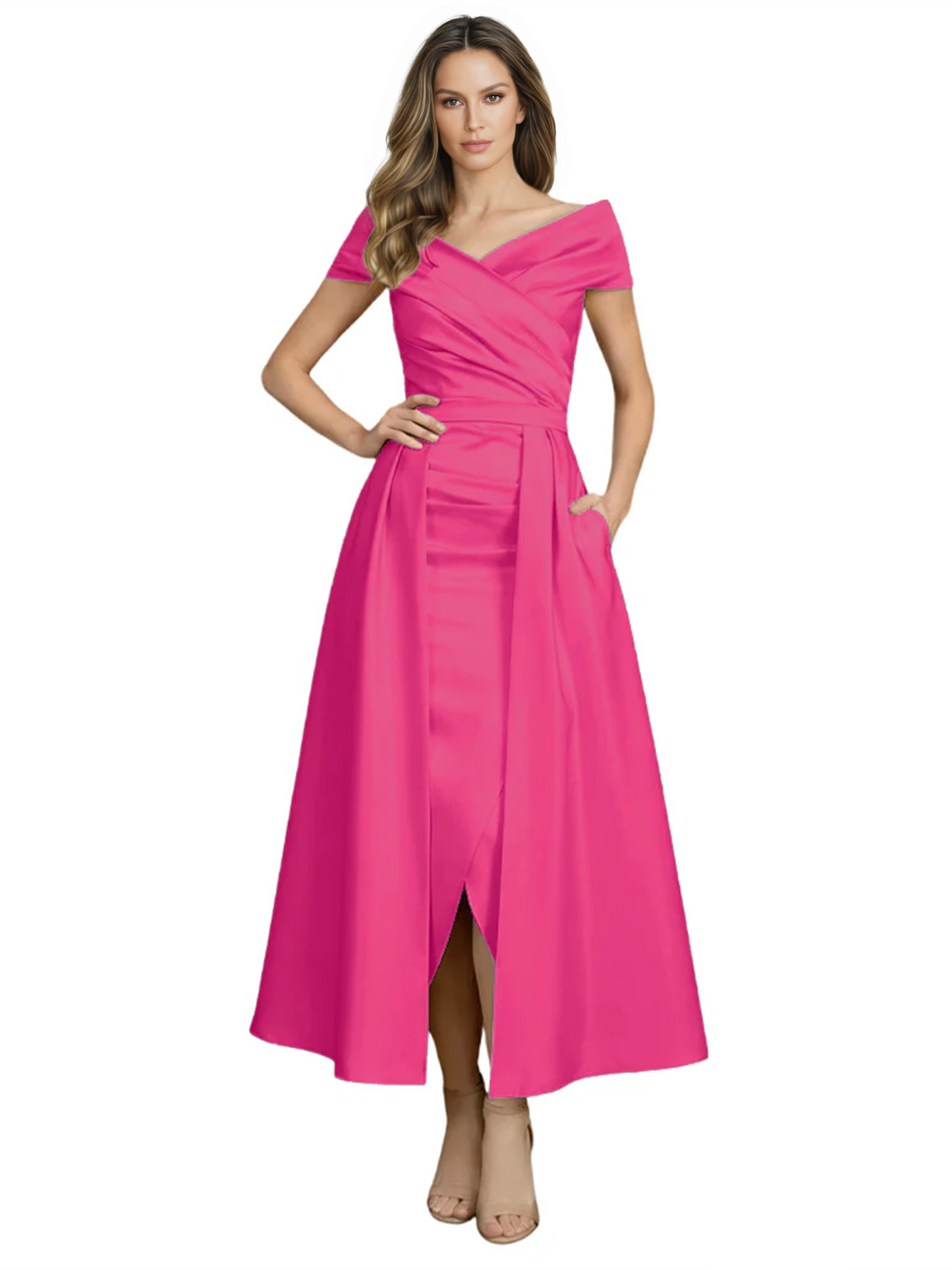 Formal Floor-Length Mother of the Bride Gown Satin Maxi Dress with Slit Off Shoulder