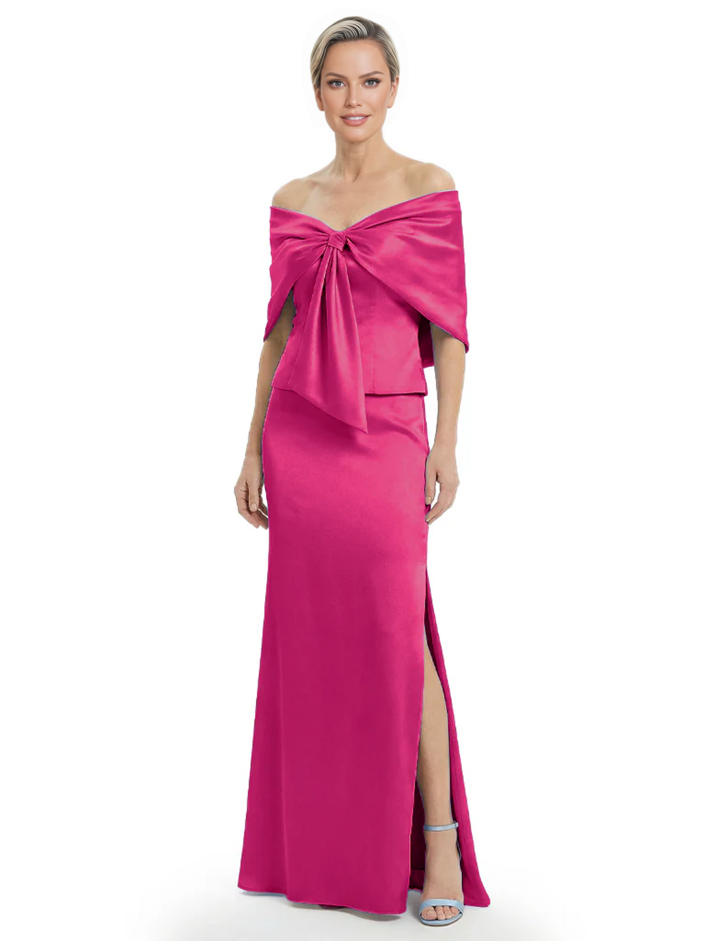 Formal Floor-Length Mother of the Bride Gown Satin Maxi Dress with Bow Neckline