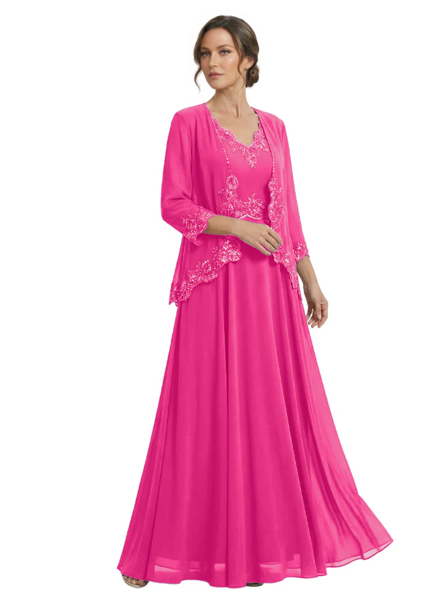 Plus Size A-line Chiffon 3/4 Sleeves Mother of the Brides Dresses Long Jacket Dress