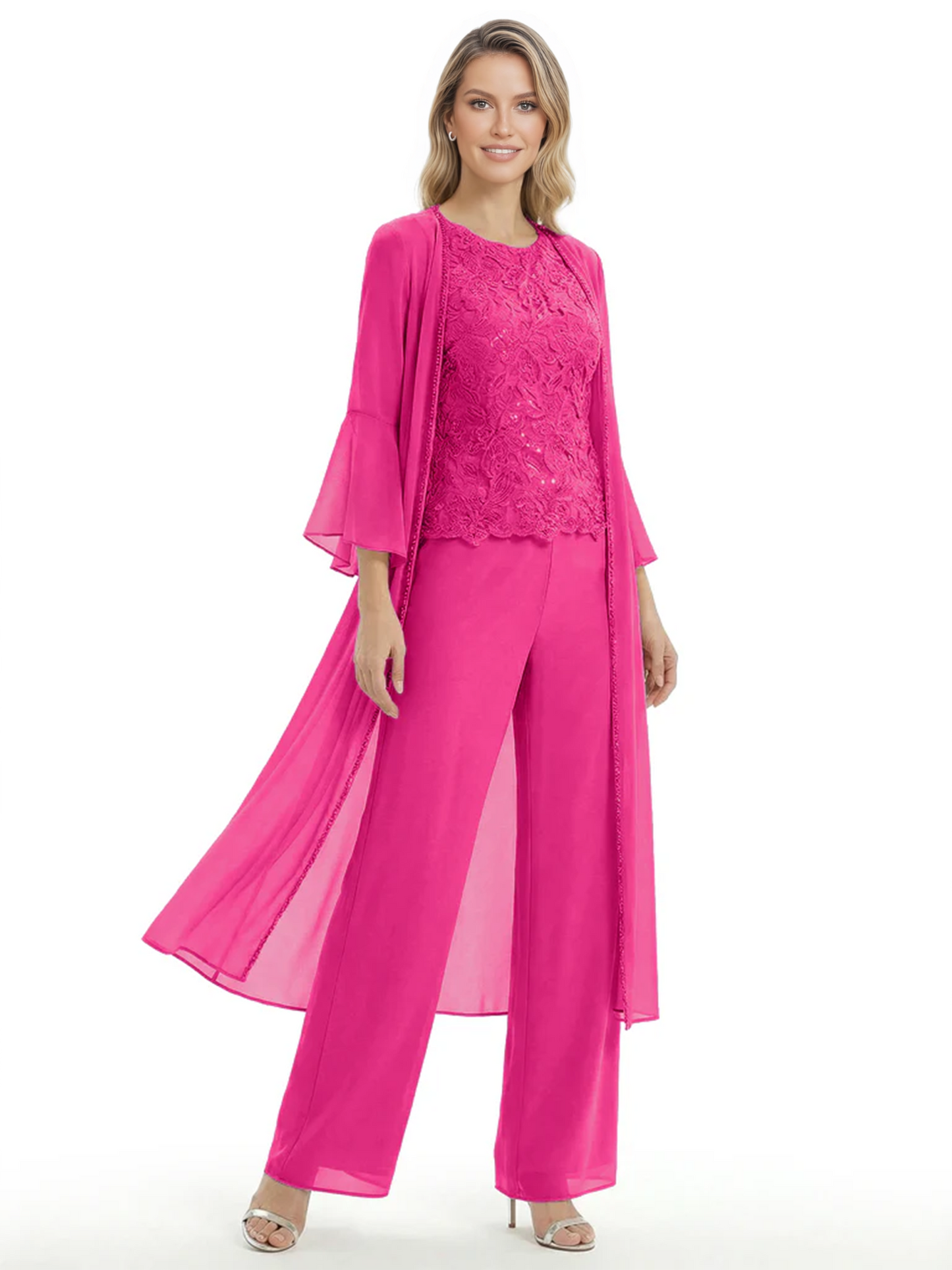 Elegant Pink 3-Piece Pant Set Trending 2026 Styles with Lace Wide-Leg Pants