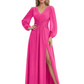 A-Line Mother of Bride Dress V-Neck Chiffon Gown Long Sleeves Slit Formal Dress