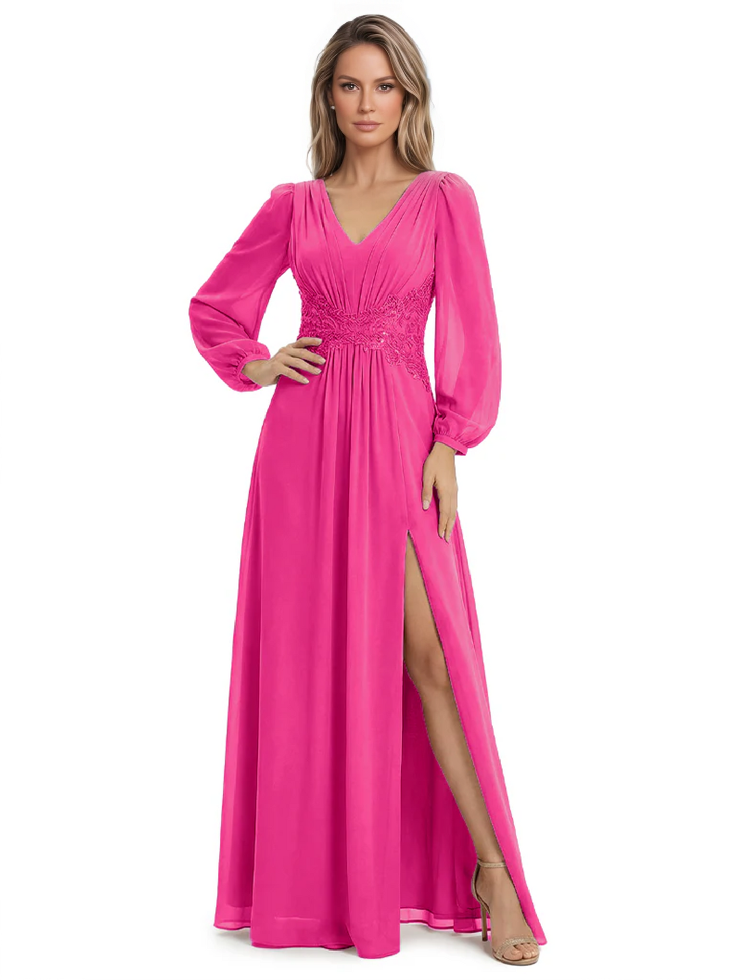 A-Line Mother of Bride Dress V-Neck Chiffon Gown Long Sleeves Slit Formal Dress