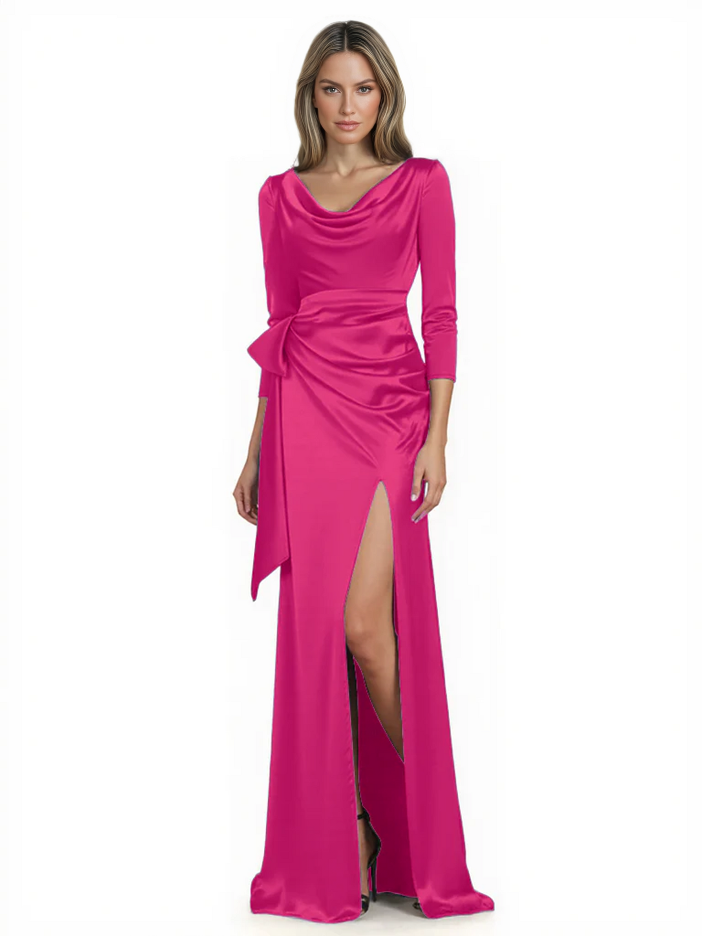 Elegant Evening Gowns Slit Trending Styles Satin Slit Formal Dress Cowl Neckline Gown Tie