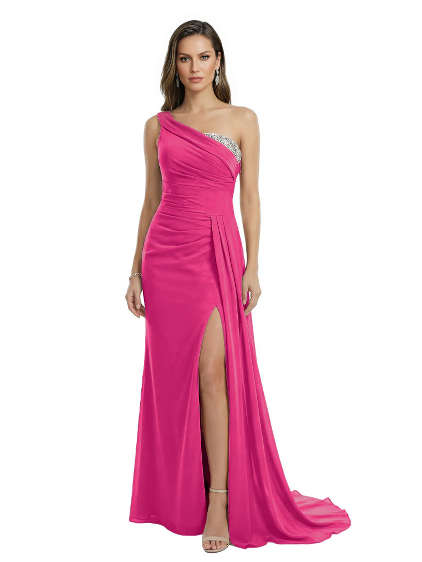 One Shoulder Mother of Bride Dress Ruffle Formal Gowns Mermaid Floor Length Train Slit