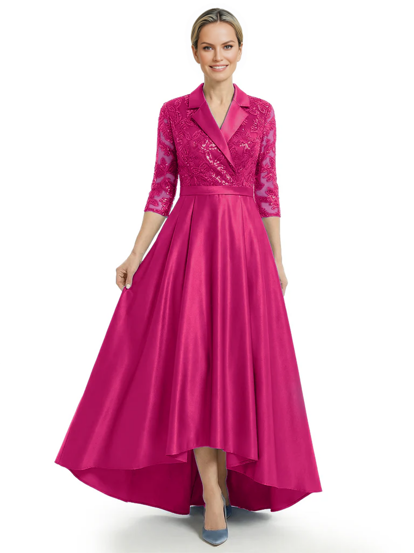 Elegant Mother of Bride Dress Evening Gowns Trending Styles with Lapel Collar 3/4 Sleeves