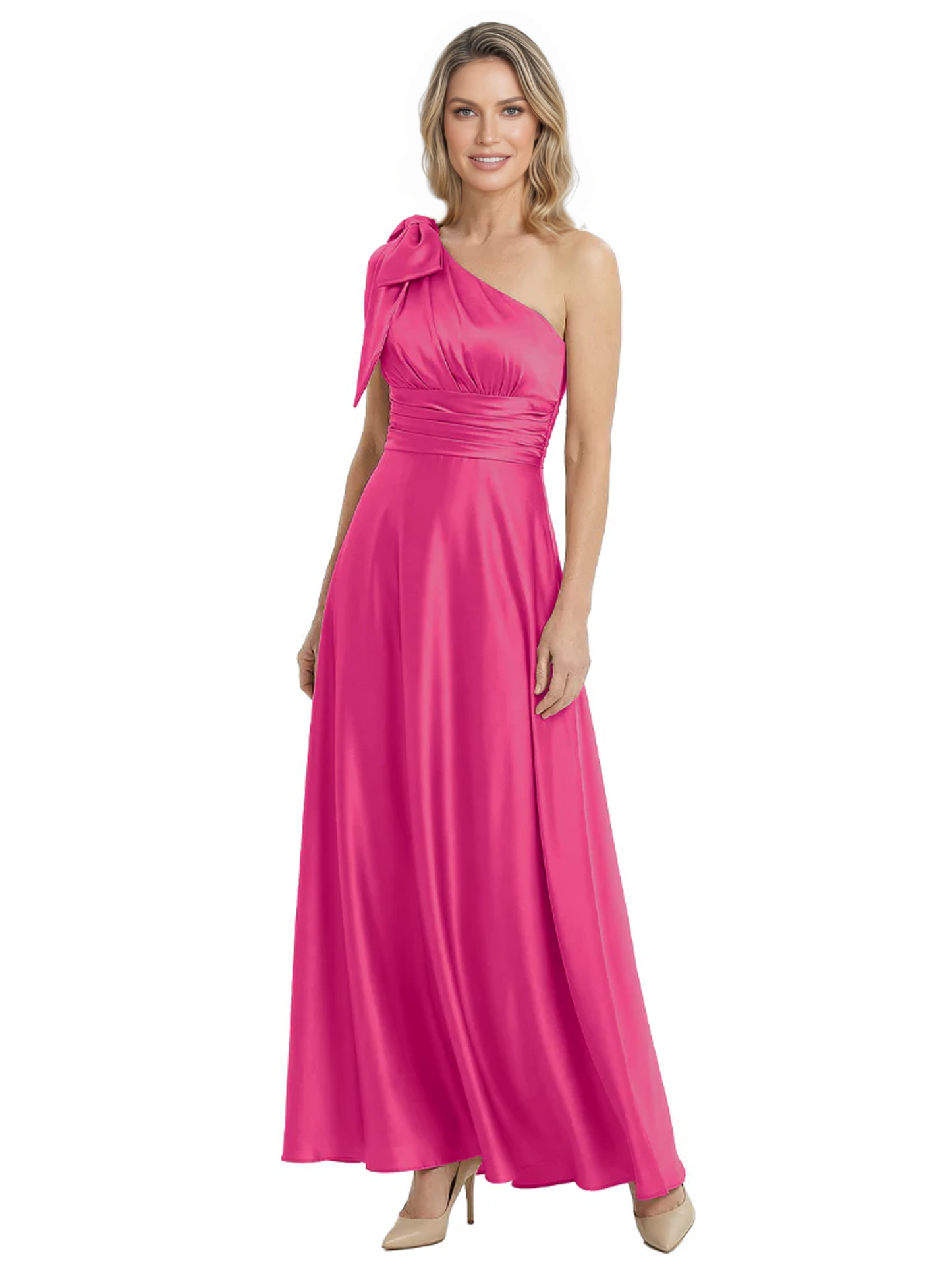 One-Shoulder Mother of the Bride Dress Satin Gown with Bow Ruched Empire Waist
