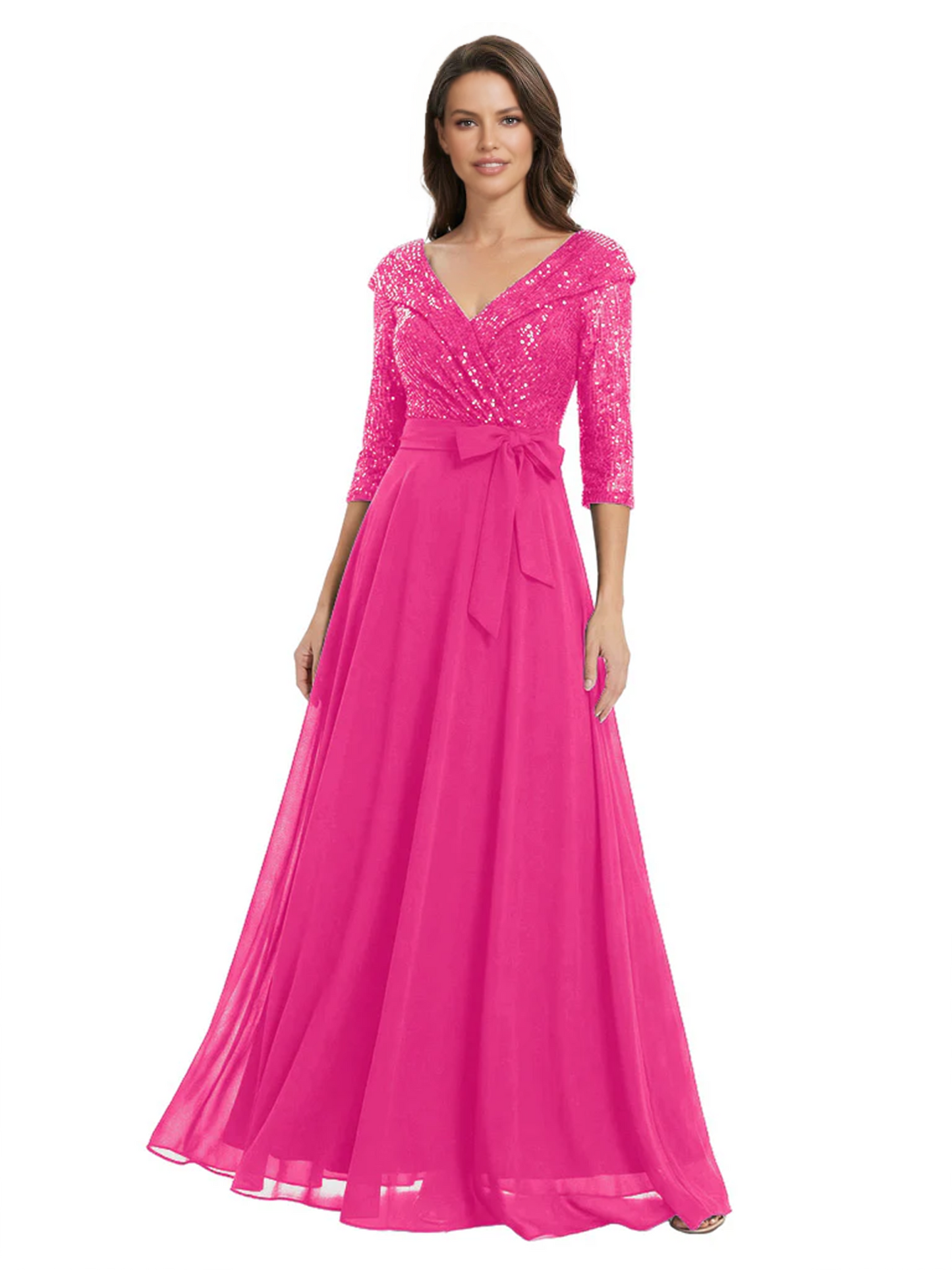 Chiffon Mother of the Bride Dress with Sequin V-Neck and Elegant Bow Sash