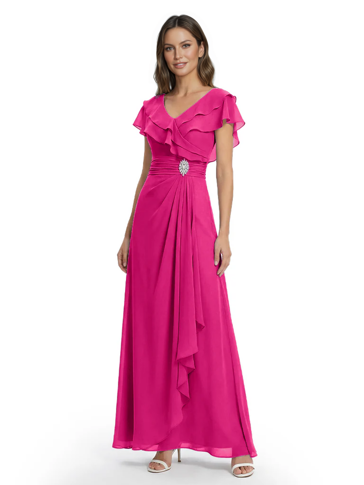 Elegant Mother of the Groom Dress Cascading Ruffle Chiffon Formal Gown Rhinestone