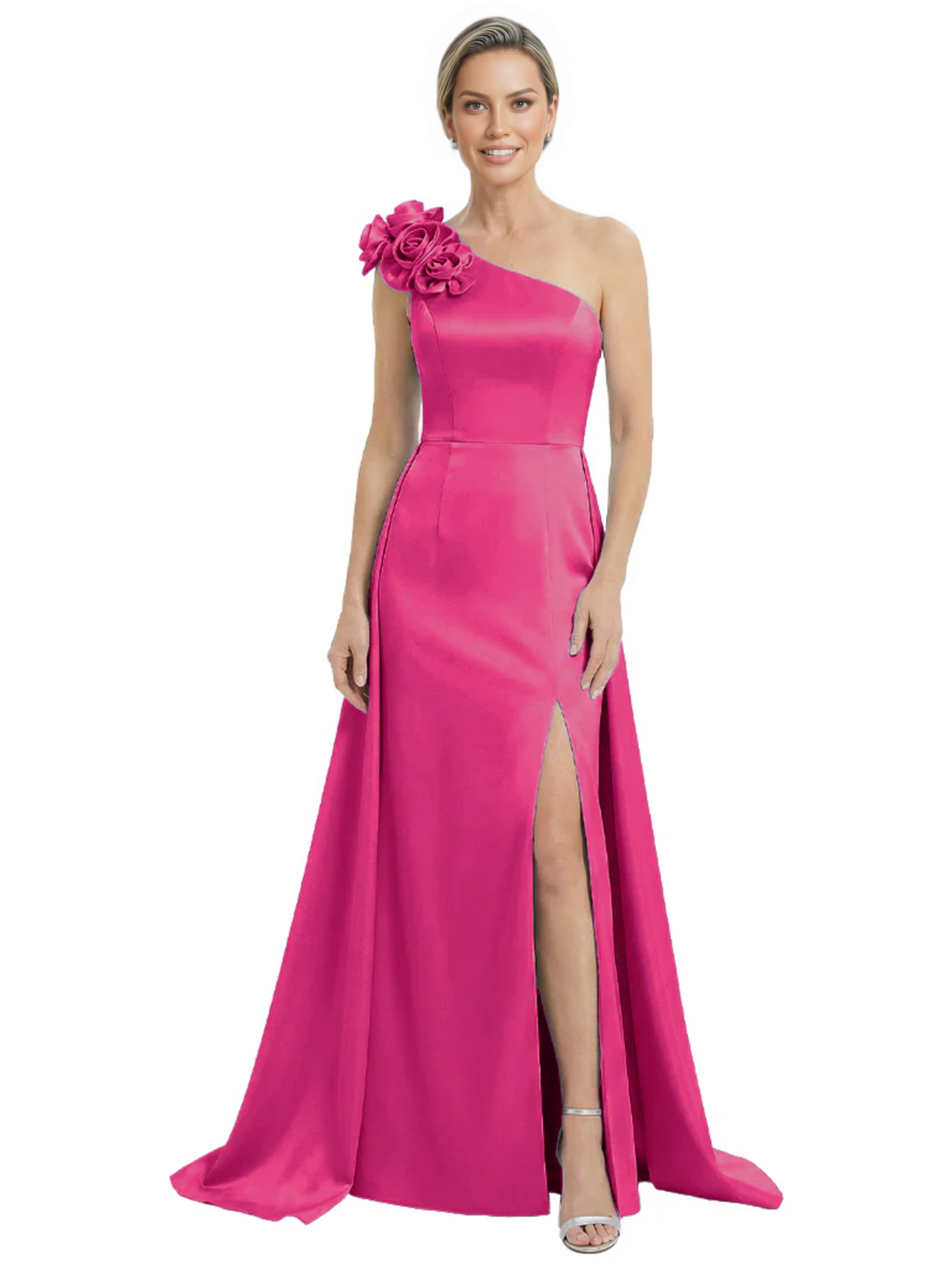 One Shoulder Mother of the Bride Dress with 3D Floral Detail Formal Dress A-Line Gowns with Slit