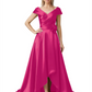 Off Shoulder Mother of the Bride Dress High-Low Satin Gown with Portrait Neckline