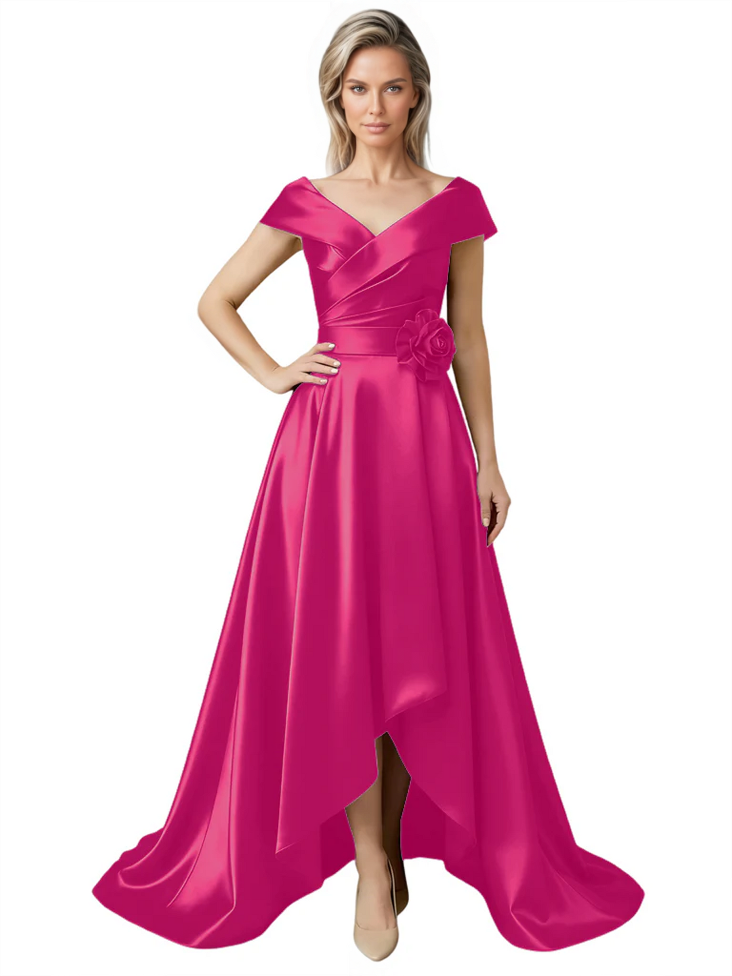 Off Shoulder Mother of the Bride Dress High-Low Satin Gown with Portrait Neckline