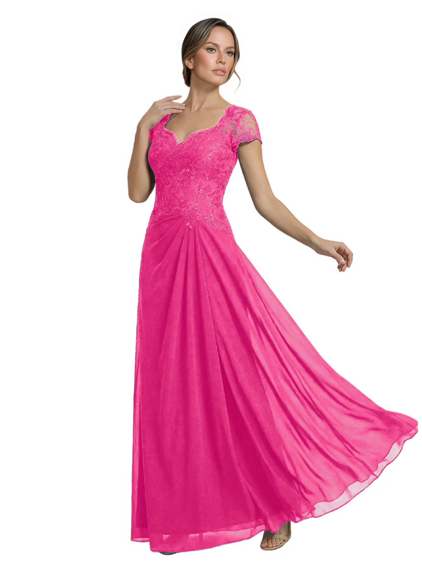 Long A-line Chiffon Short Sleeves Mother of the Brides Dresses Lace Wedding