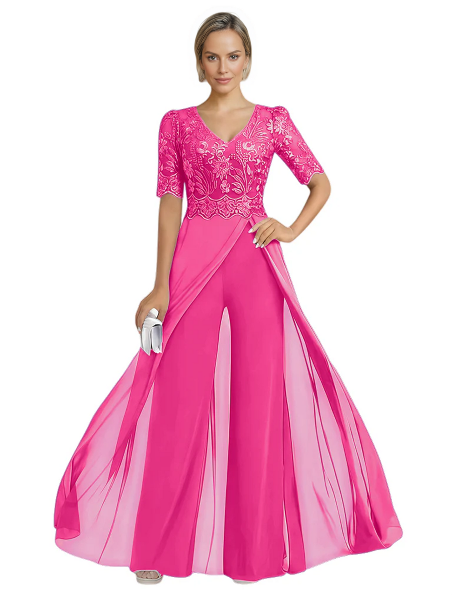 V-Neck Chiffon Mother of the Brides Jumpsuits Dresses Floor Length A-Line Lace