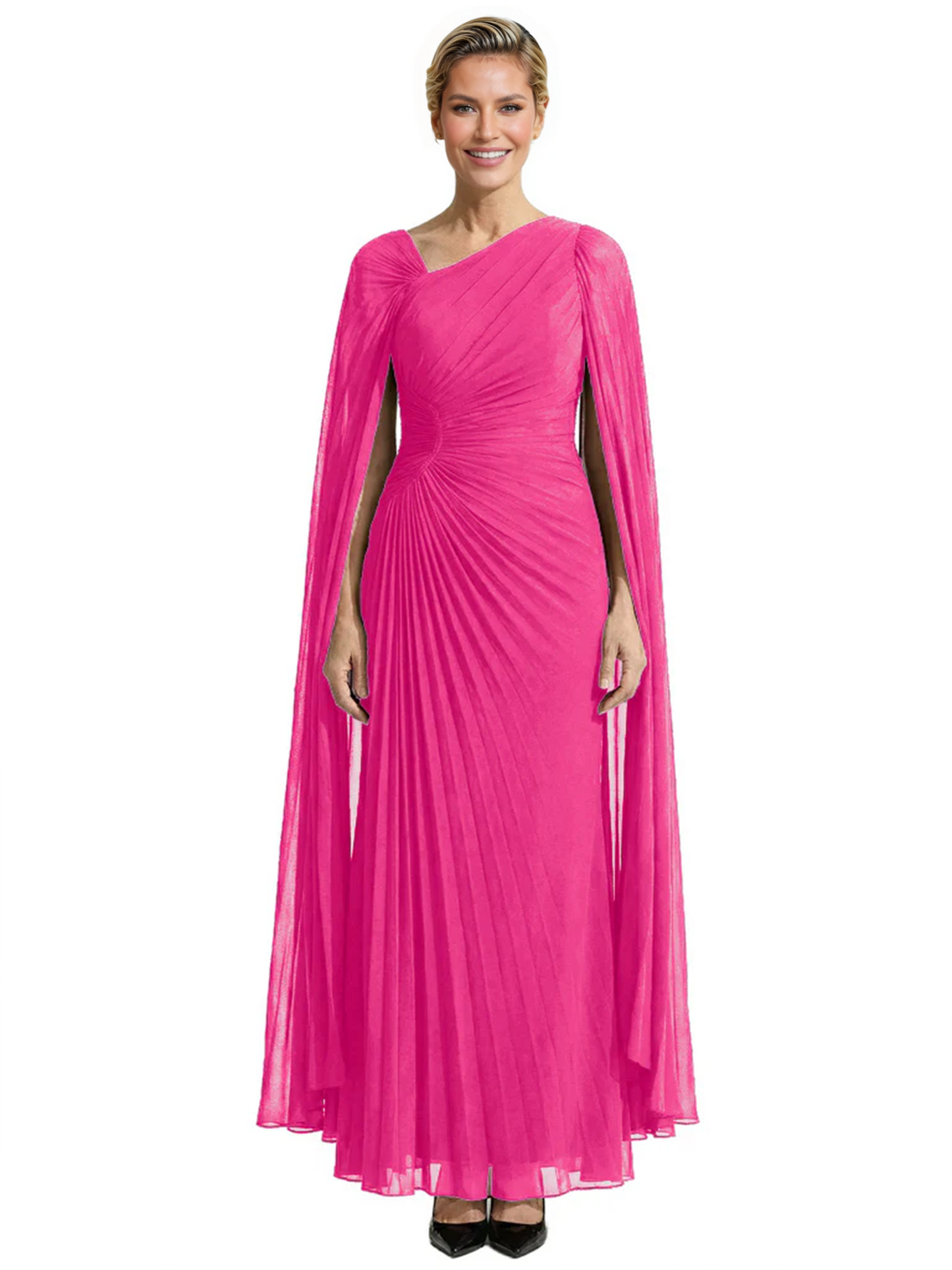 Elegant Asymmetric Neck Long A-Line Chiffon Mother of the Brides Dresses Mom Outfit with Cape