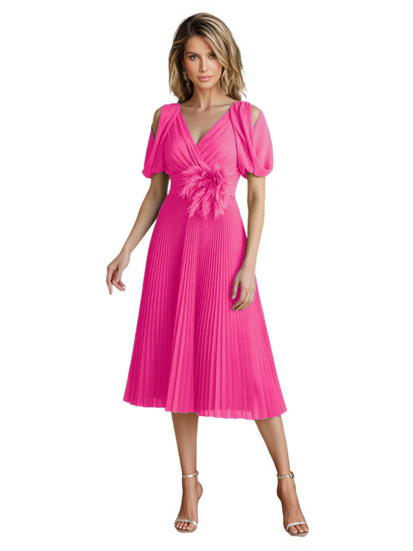 Wedding Formal Dress V-Neck Pleated Chiffon Gown with 3D Flower Accent Knee Length