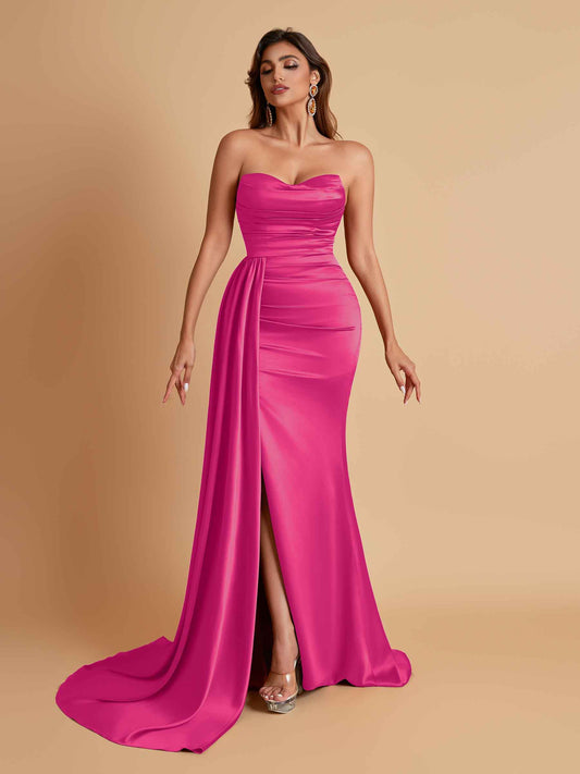 Elegant Soft Satin Sweetheart Strapless Side-Slit Mermaid Bridesmaid Dresses