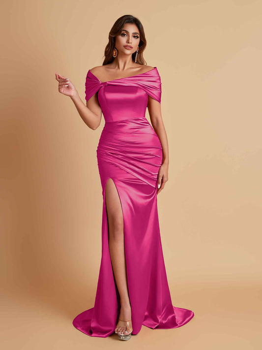 Elegant Soft Satin Off-the-shoulder Side-Slit Mermaid Bridesmaid Dresses