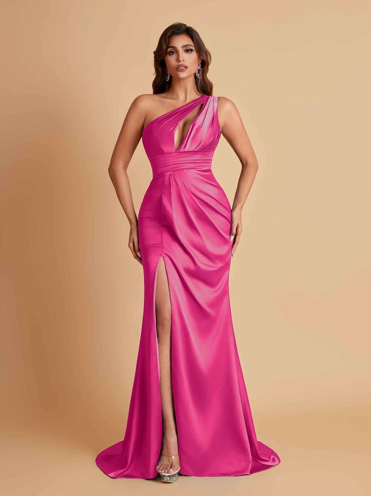 Sexy One Shoulder Soft Satin Side Slit Floor-Length Mermaid Bridesmaid Dresses