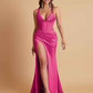 Stunning V Neck Soft Satin Side Slit Floor-Length Mermaid Bridesmaid Dresses