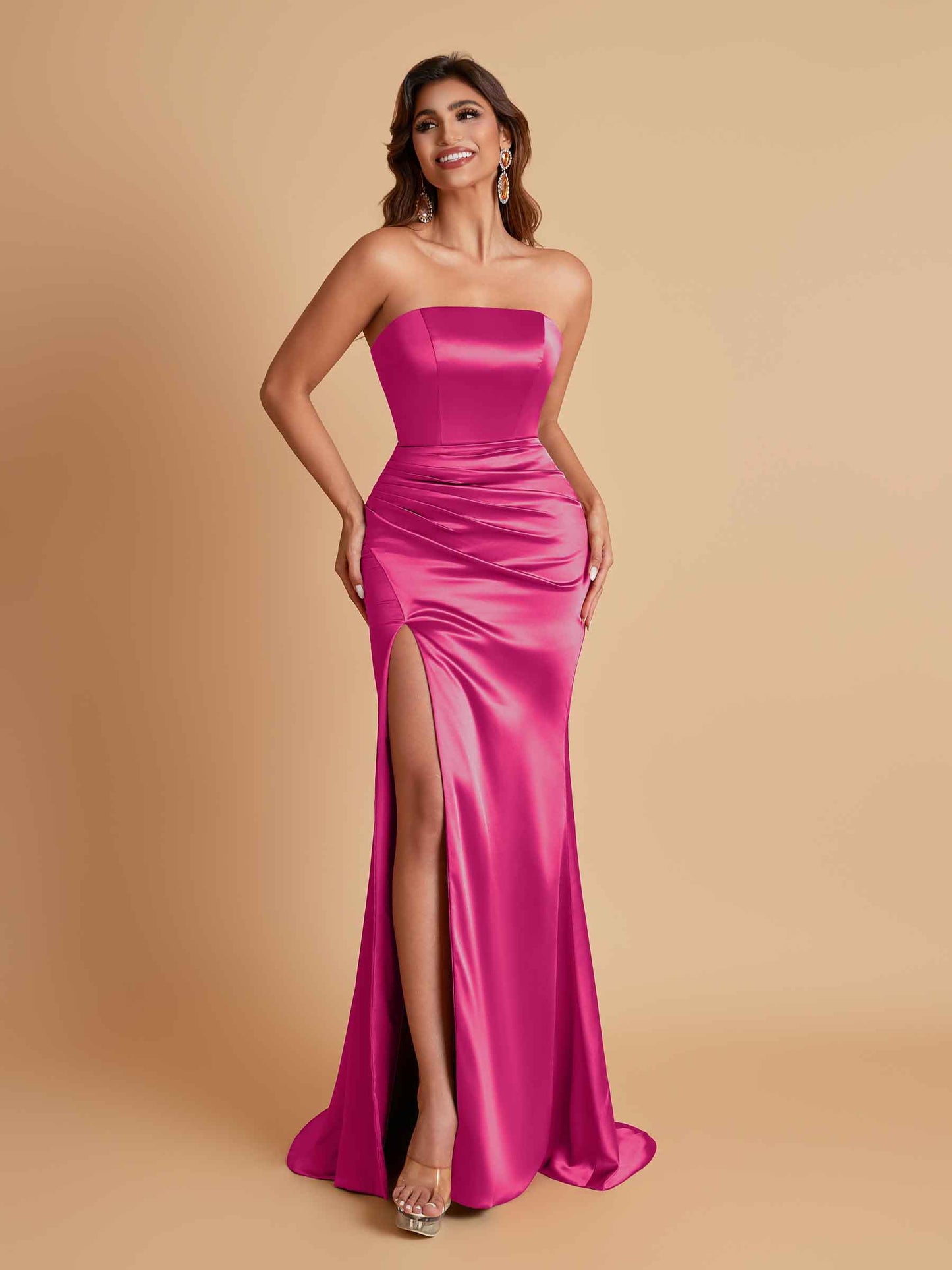 Elegant Soft Satin Strapless Split Side Mermaid Bridesmaid Dresses