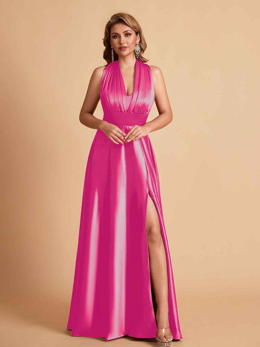 Sexy Satin A-line Convertible Side Slit Maxi Long Bridesmaid Dresses Online