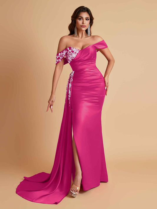 Elegant Soft Satin Mermaid Off Shoulder Floor-Length Mermaid Bridesmaid Dresses