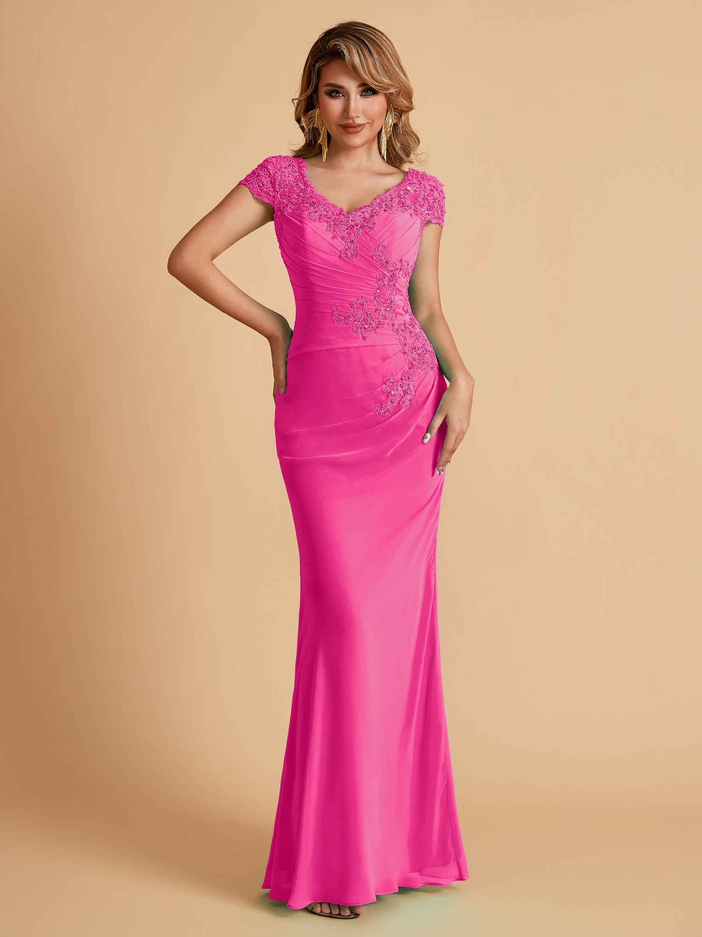 Elegant Mermaid Chiffon Cap Sleeves V-Neck Mother of the Brides Dresses Online