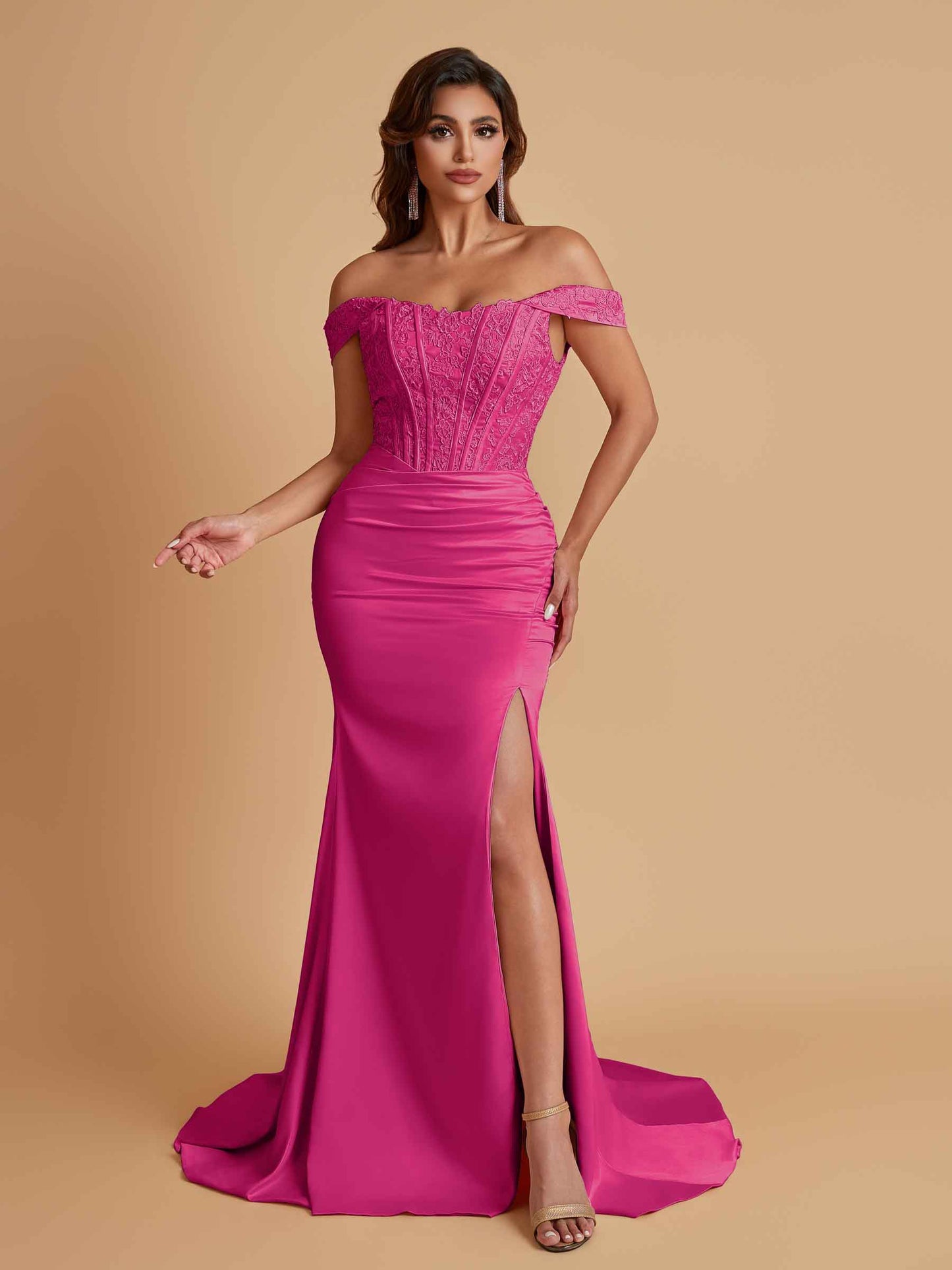 Elegant Soft Satin Mermaid Off Shoulder Side Slit Floor-Length Mermaid Bridesmaid Dresses