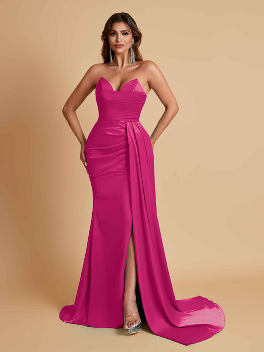 Gorgeous Strapless Soft Satin Side Slit Floor-Length Mermaid Bridesmaid Dresses