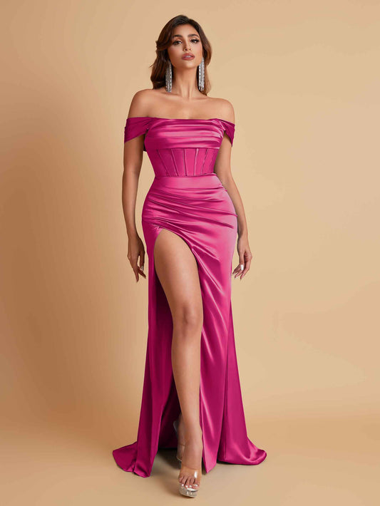 Sexy Off the Shoulder Soft Satin Side Slit Floor-Length Mermaid Bridesmaid Dresses