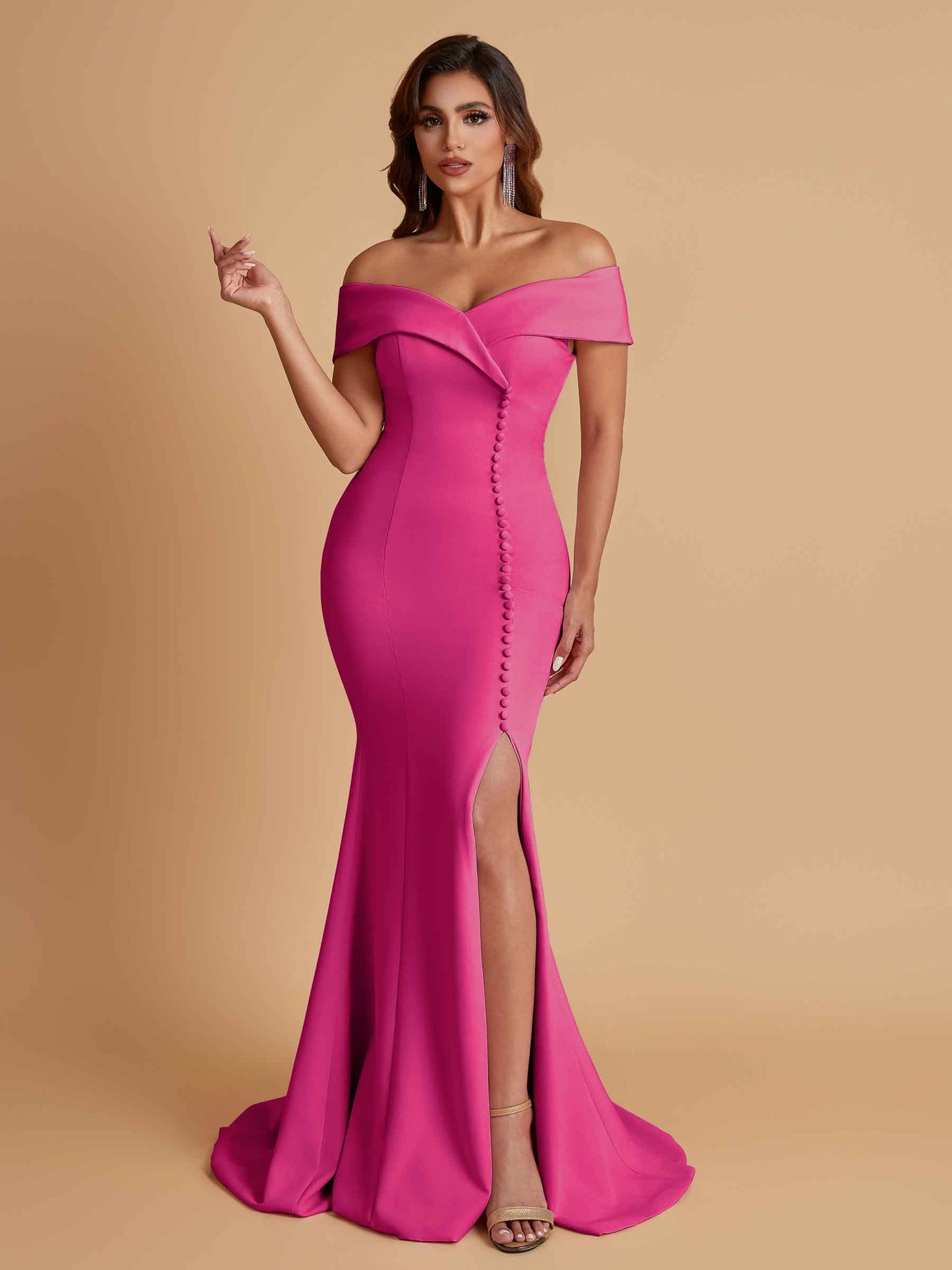 Elegant Soft Satin Mermaid Off Shoulder Side Slit Floor-Length Bridesmaid Dresses