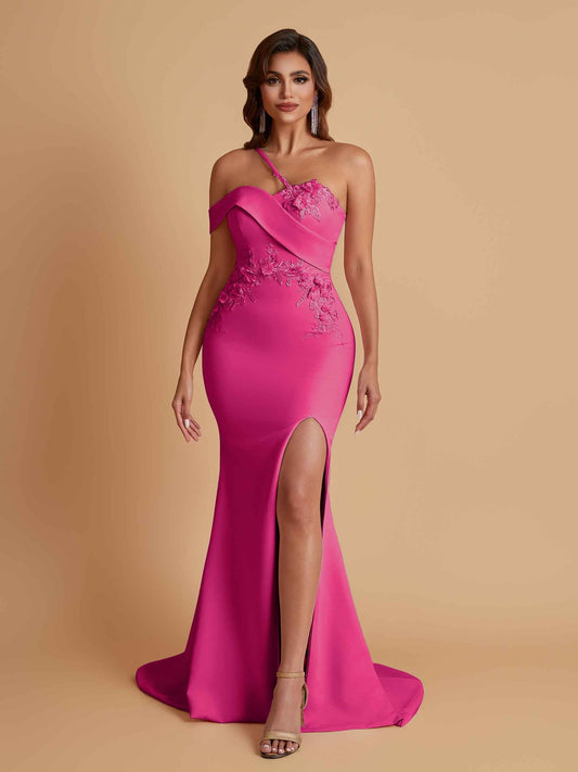 Sexy Soft Satin Mermaid One Shoulder Asymmetrical Side Slit Floor-Length Bridesmaid Dresses