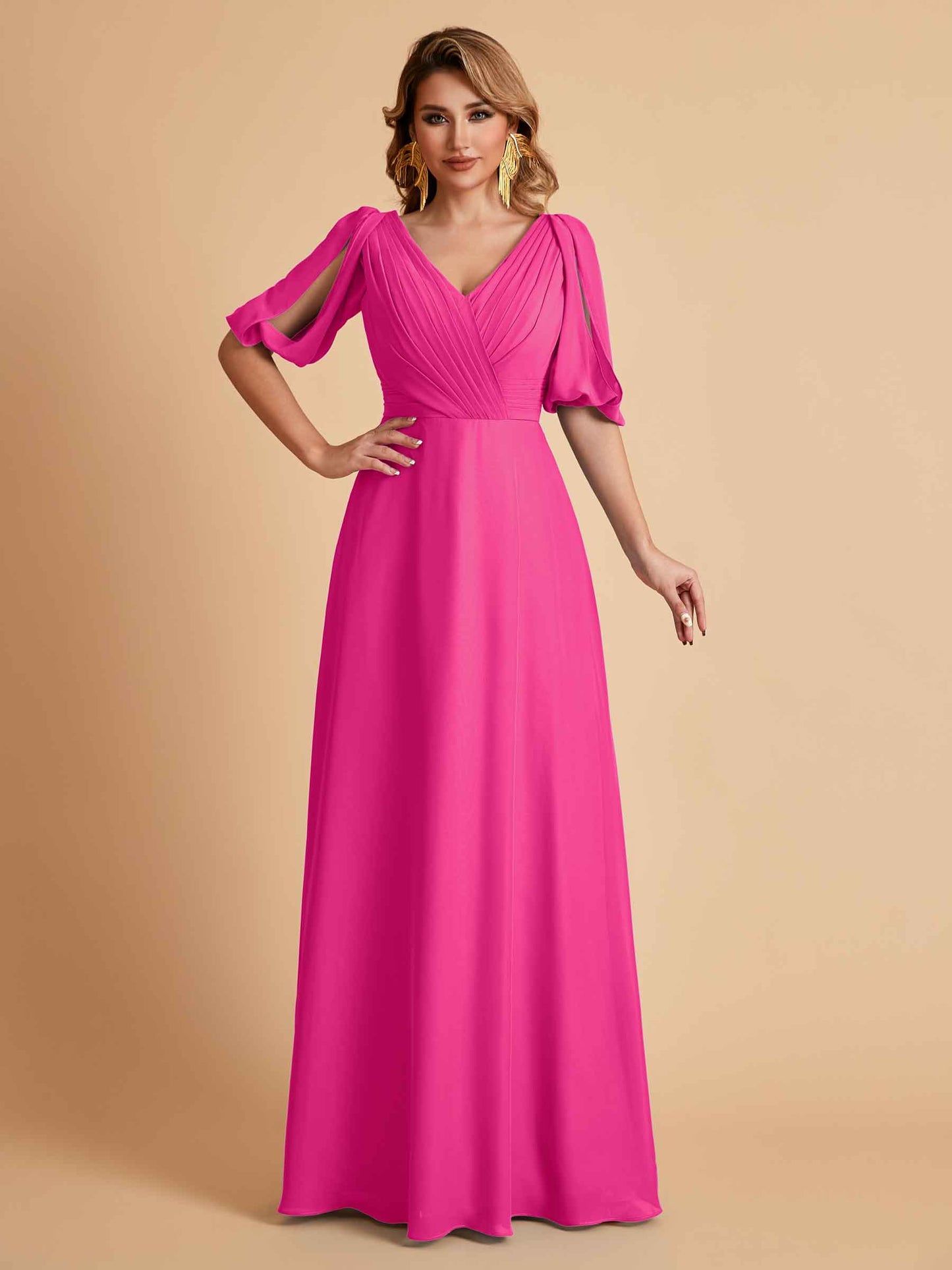 Elegant A-Line Chiffon Half Sleeves V-Neck Mother of the Brides Dresses Online