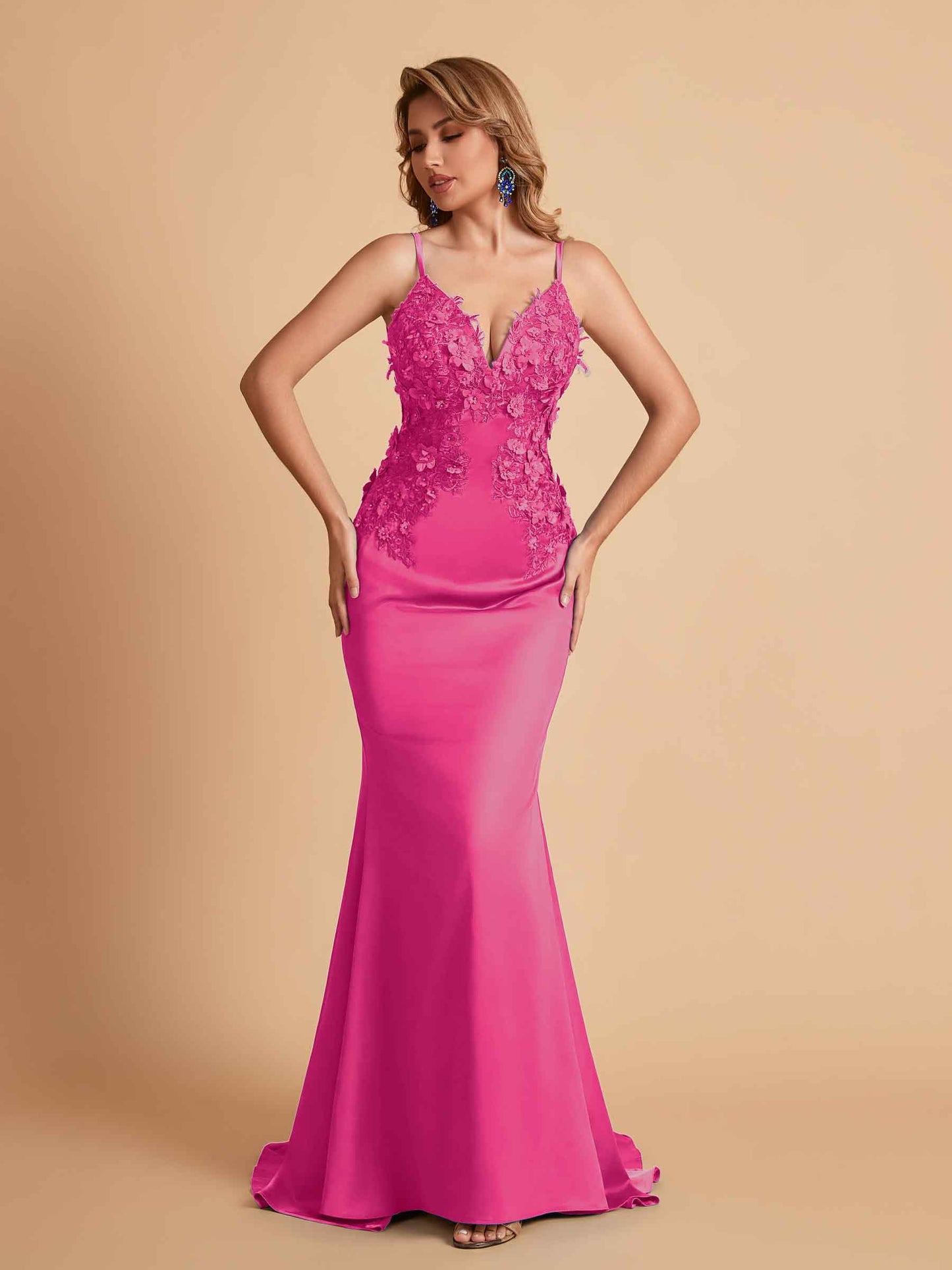Sexy Satin Spaghetti Straps V-neck Mermaid Floor Length Applique Bridesmaid Dresses