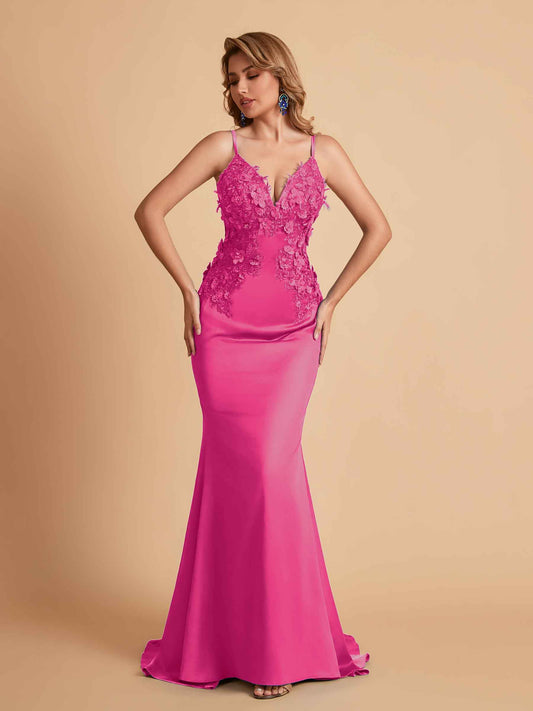 Sexy Satin Spaghetti Straps V-neck Mermaid Floor Length Applique Bridesmaid Dresses