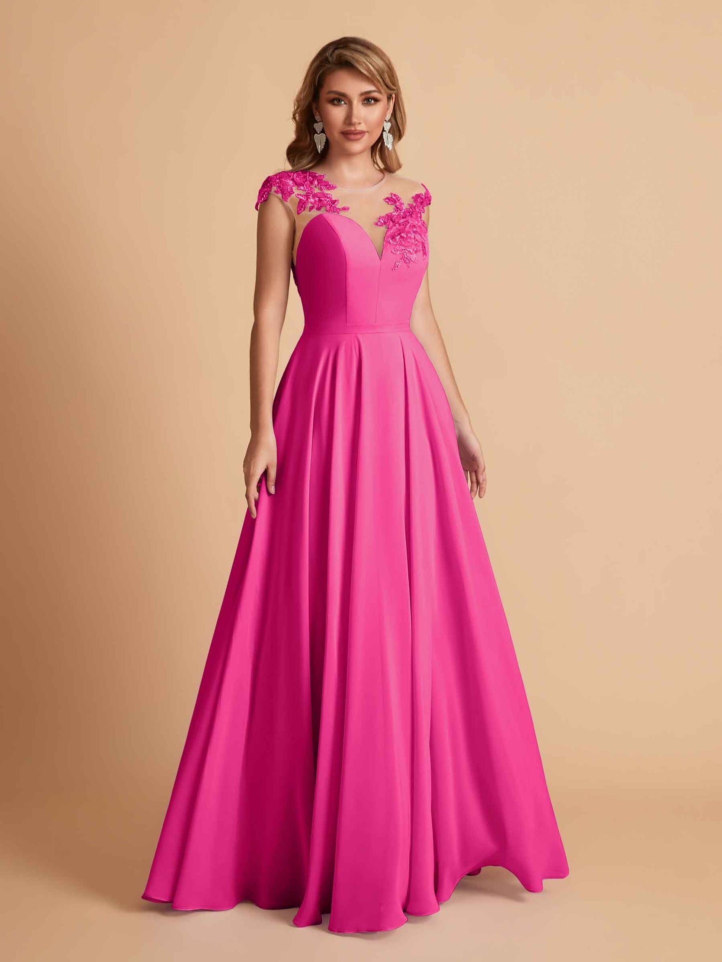 Chiffon Illusion Lace Top A-line Bridesmaid Dresses V-neck Floor Length Wedding Guest Dresses