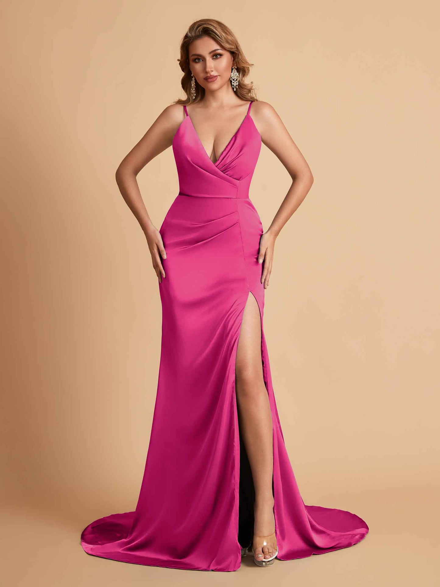 Elegant Satin Spaghetti Straps V-Neck Mermaid Side Slit Floor Length Bridesmaid Dresses