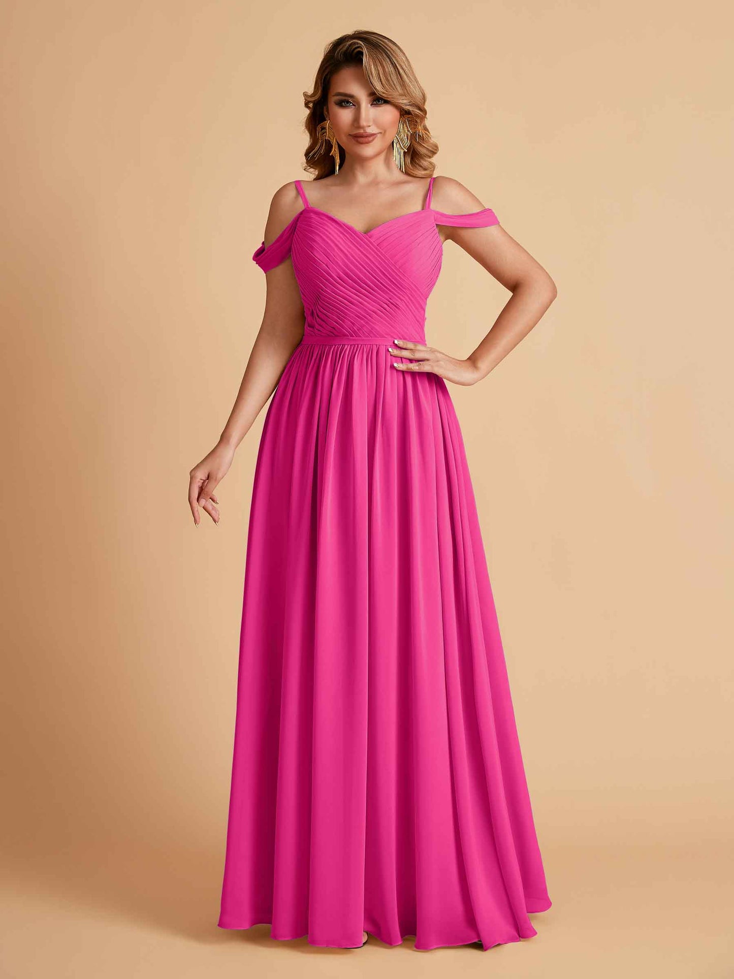 Elegant A-line Chiffon Off The Shoulder V-Neck Bridesmaid Dresses Online
