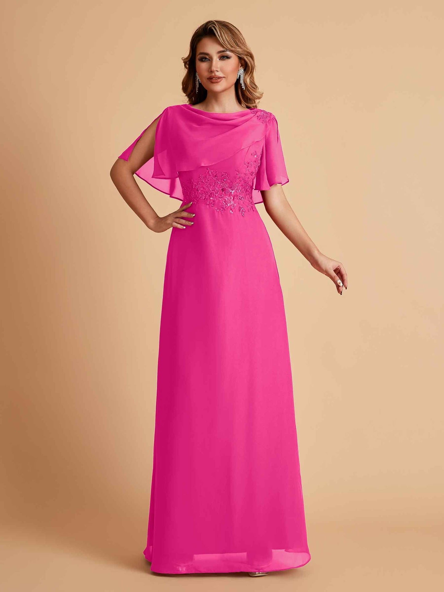 Elegant A-Line Chiffon Half Sleeves Jewel Mother of the Brides Dresses Online
