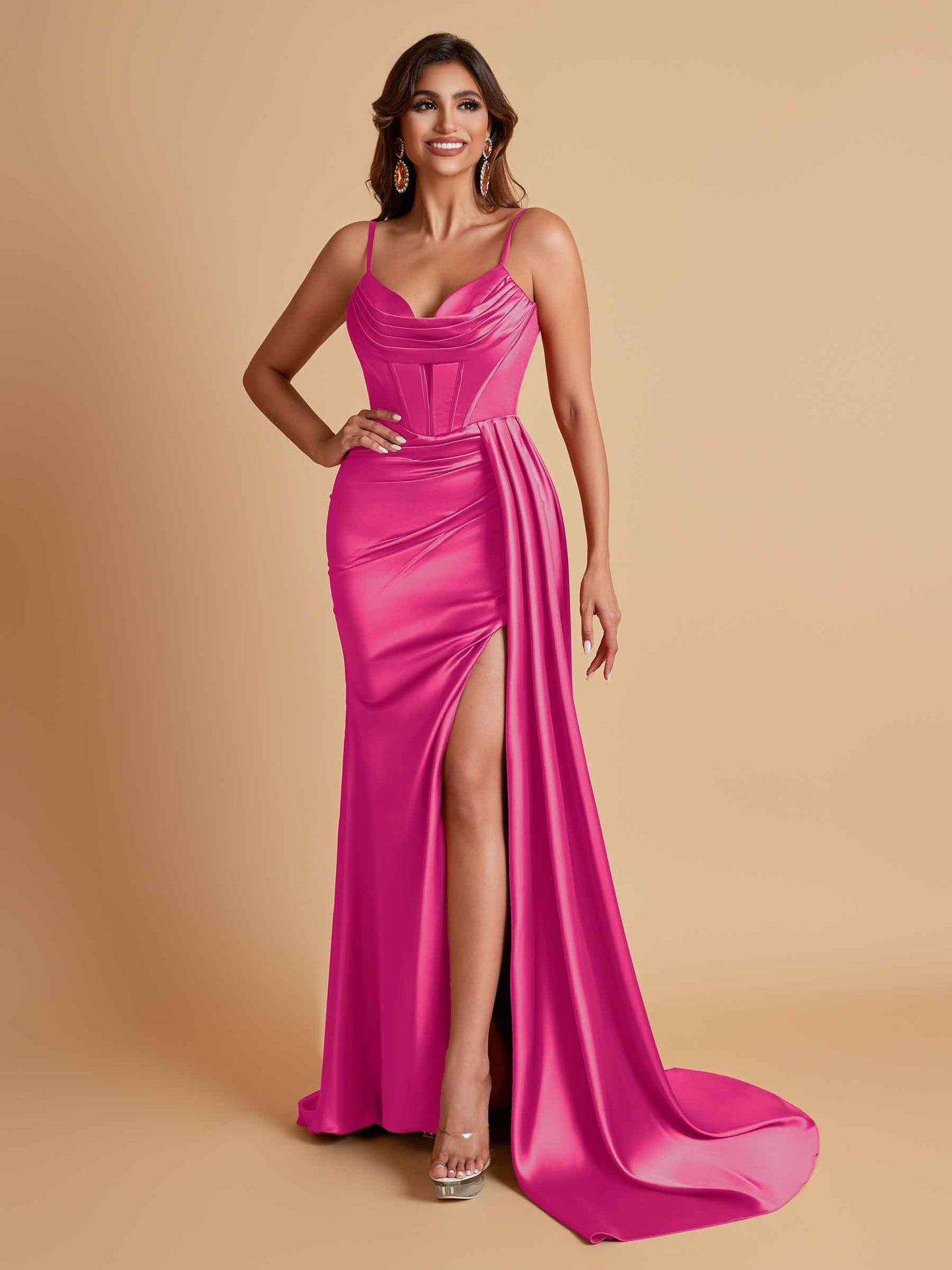 Sexy Soft Satin V-neck Spaghetti Strap Side-Slit Mermaid Bridesmaid Dresses